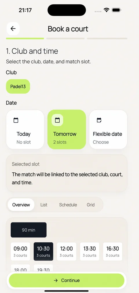 NextSet player app with court booking dates and available times