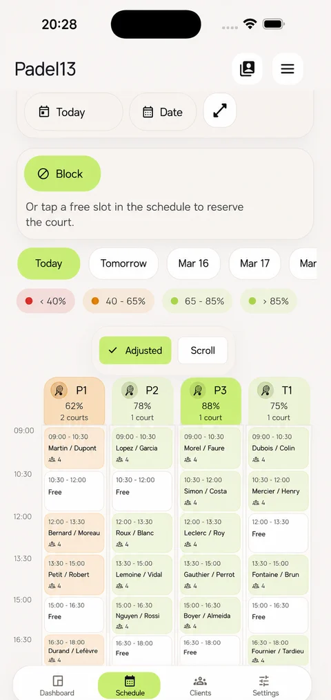 NextSet club manager app showing court schedules and occupancy